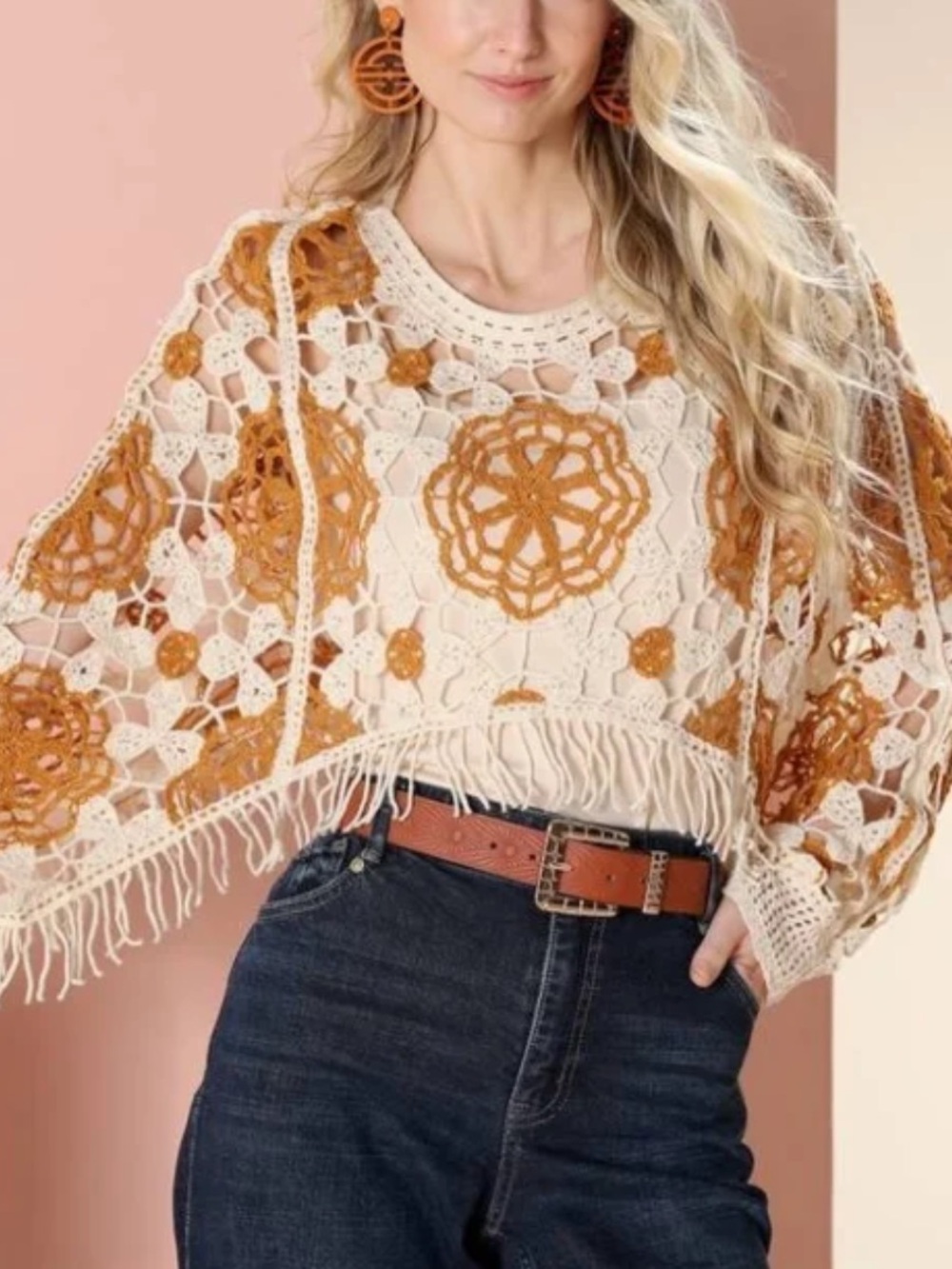 Cape Robbin Cream Crochet Pullover with Brown Floral Appliqués